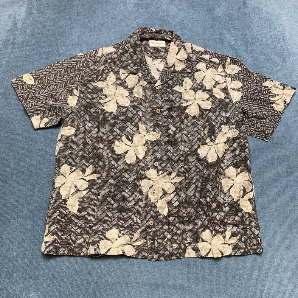 Caribbean Hawaiian Shirt Mens XL Black Cream Floral Pure Silk Camp Collar Casual